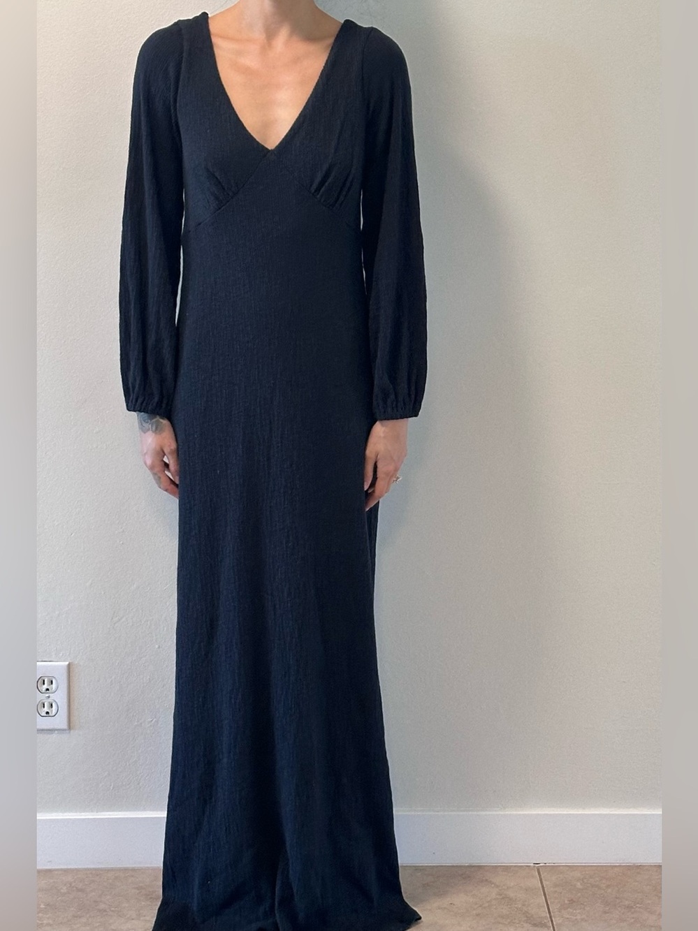 Free People Black Long Sleeve V-Neck Maxi Dress